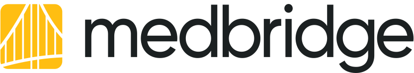 Medbridge logo with black lowercase text beside a yellow icon featuring white vertical lines and a curved stripe at the bottom.